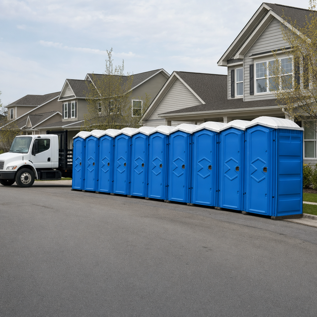 Royal blue portable toilets staged in a tidy row at a Fort Pierce jobsite, ready for delivery